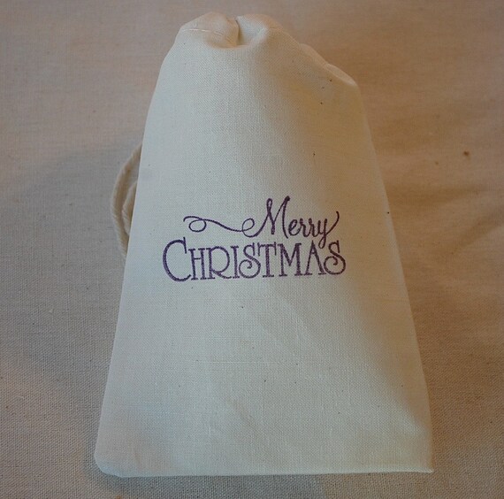 10 Christmas Favor Gift Bag Set Organic Muslin Cotton - 4x6 - Purple Merry Christmas Il_570xn