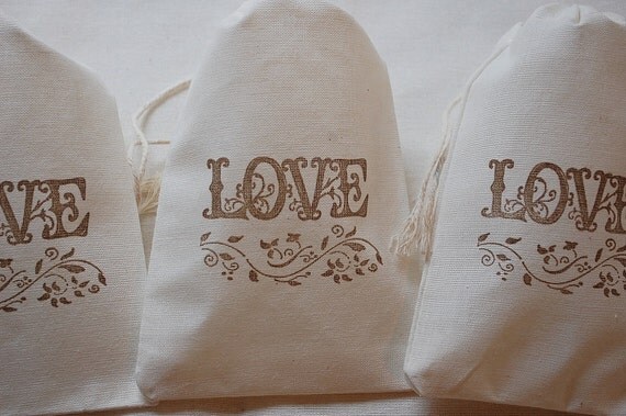 10 Muslin Favor Bags - LOVE Drawstring Organic 4x6 gift bags Great for Weddings Il_570xn