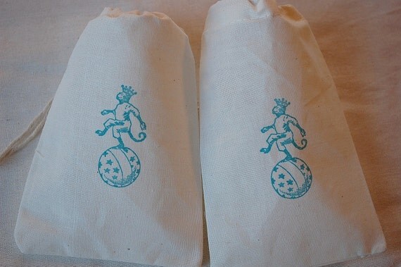 10 Organic Muslin Gift Bags - Teal Blue Vintage Circus Monkey Birthday Party 4x6 inch Il_570xn