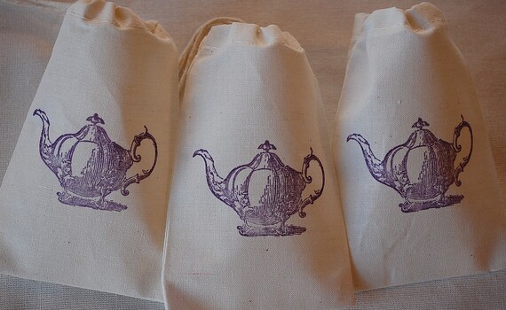 10 Tea Party Favor Bags - Vintage Teapot Organic Cotton Gift Bags 3x5 in Purple Il_570xn