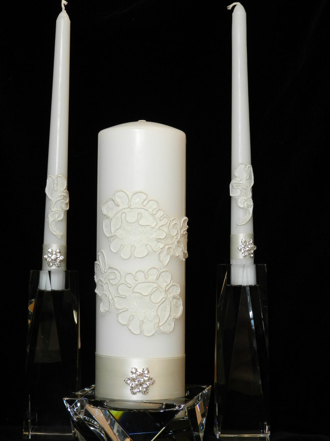 Items similar to White and Ivory Alencon Lace Unity Candle Set on Etsy