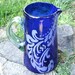 Cobalt Blue Blown Glass Pitcher Etched 70's Art Glass