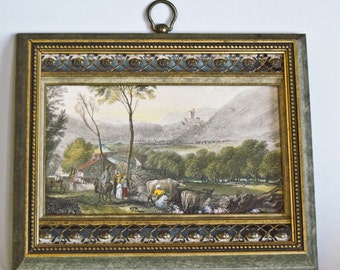 Old Artwork French Country Scene Art Gravure by Sungott Art Studios NY Brass Trimmed Gilded Frame