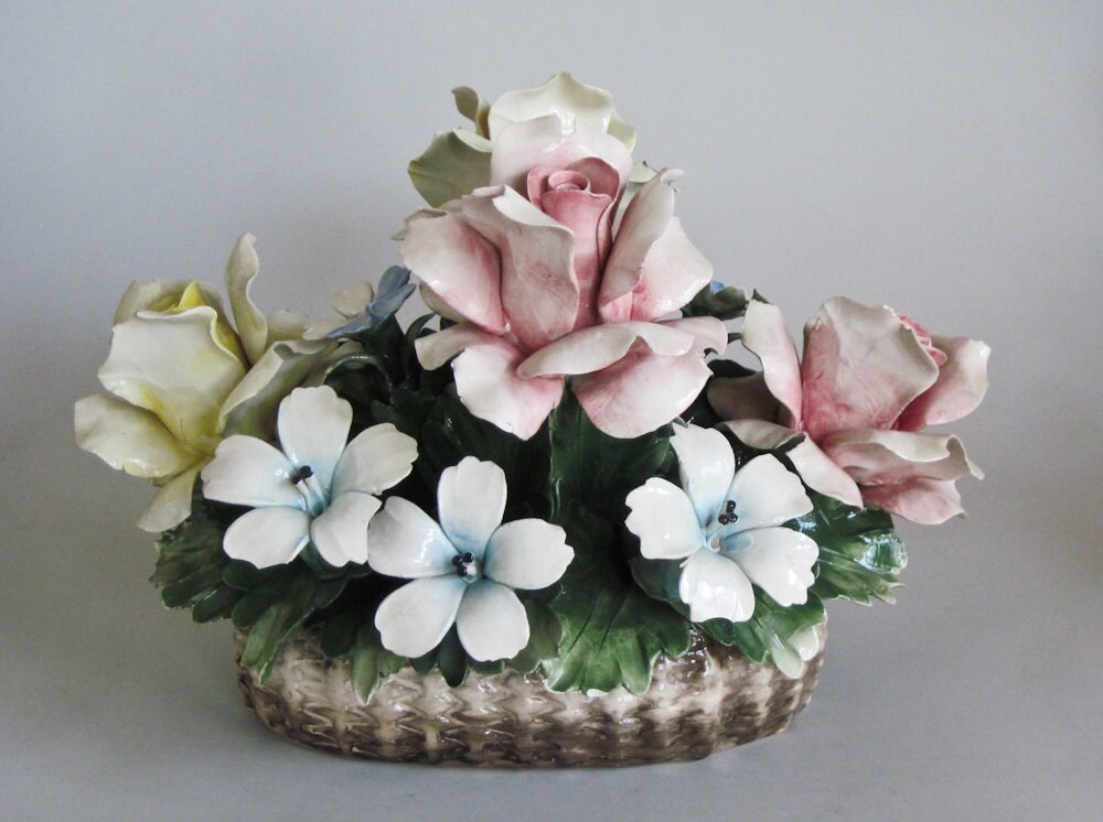 Antique Italian Capodimonte Style Porcelain Roses Basket of