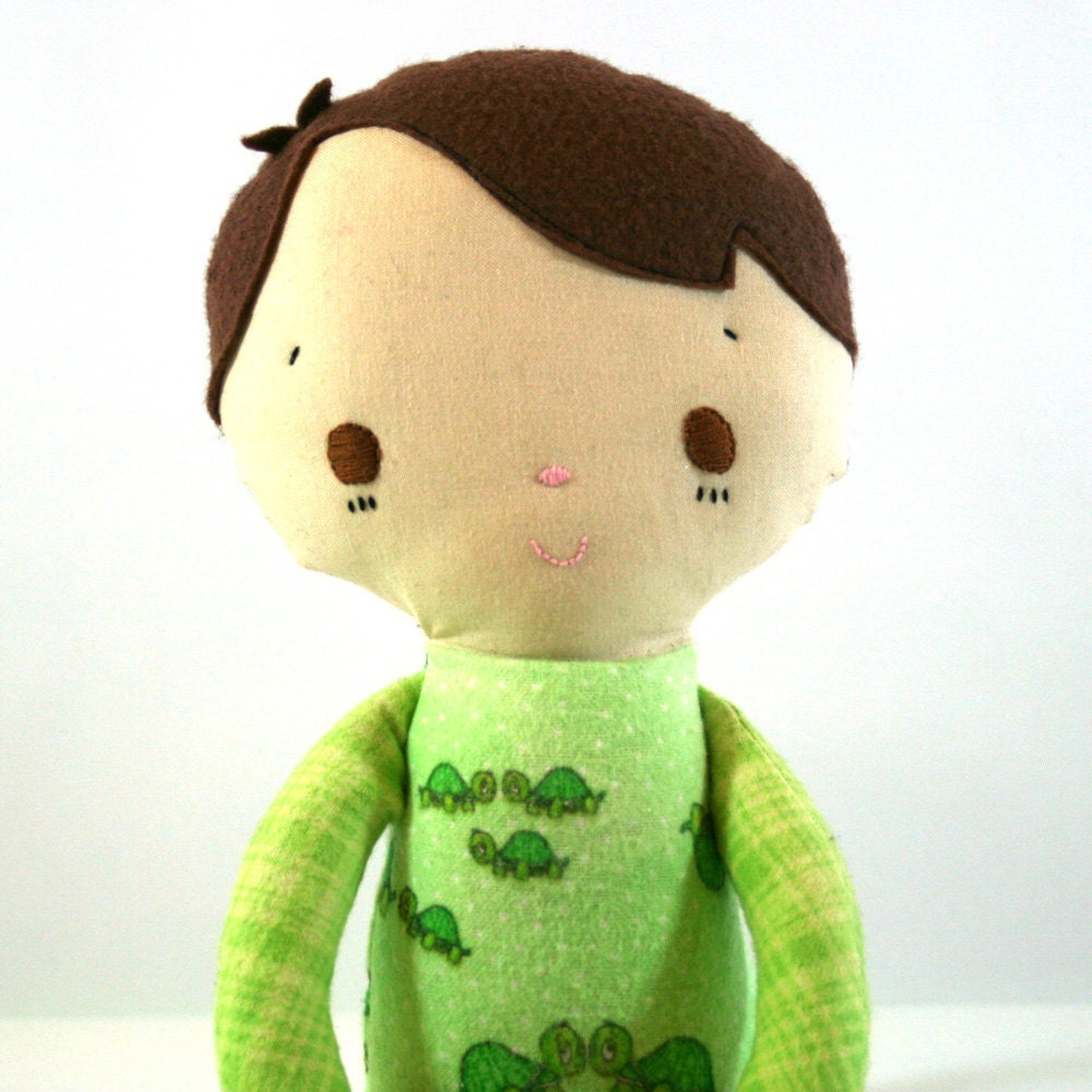 Plush Boy Doll Brown Hair Brown Eyes Turtles by krissyannedesigns