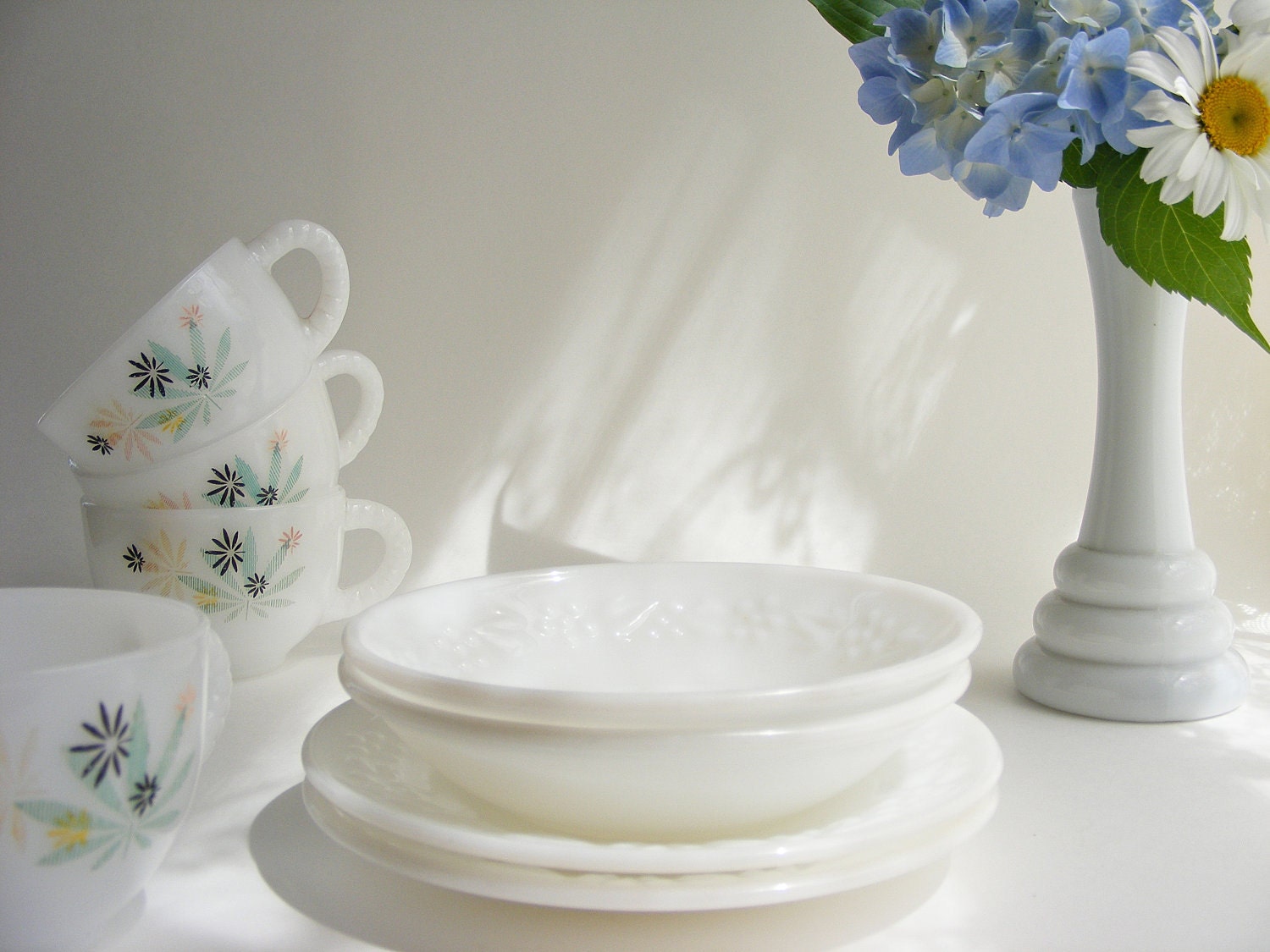Milk Glass Cups Bowls & Dishes Vintage Mismatched Kitchen Set