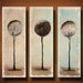 Tryptic Three Tree Painting -- 36 x 36 -- Serene and Elegant -- Dandelion Trees by Britt Hallowell