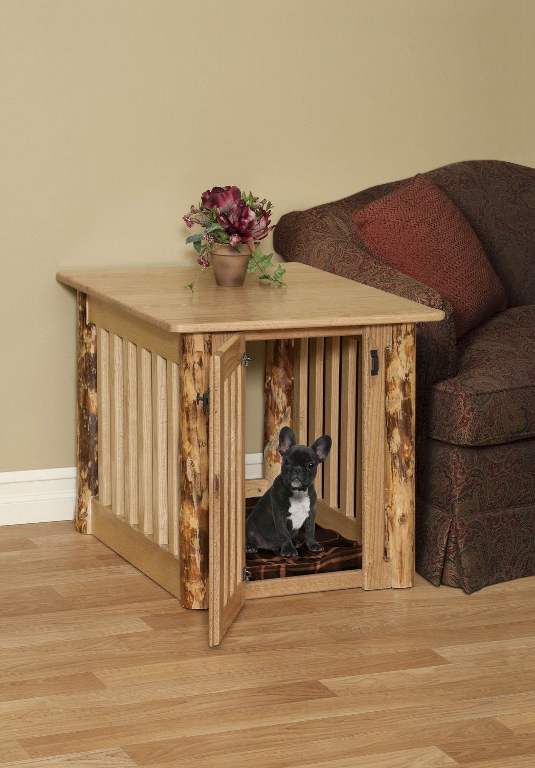 Wooden Dog Crate End Table with Rustic Log Post Oak Wood