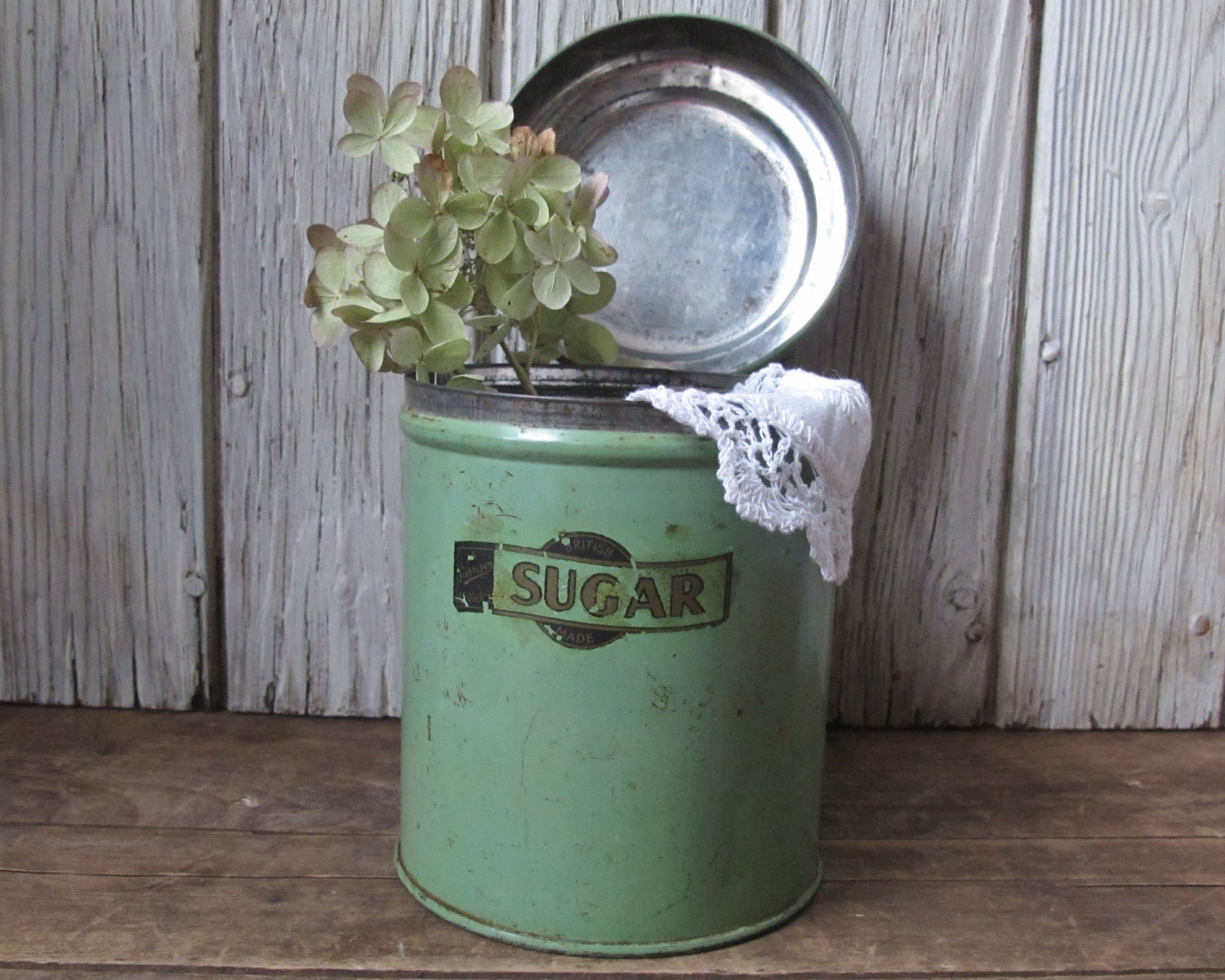 Antique Sugar Canister Green Collectible by LittleKittenVintage