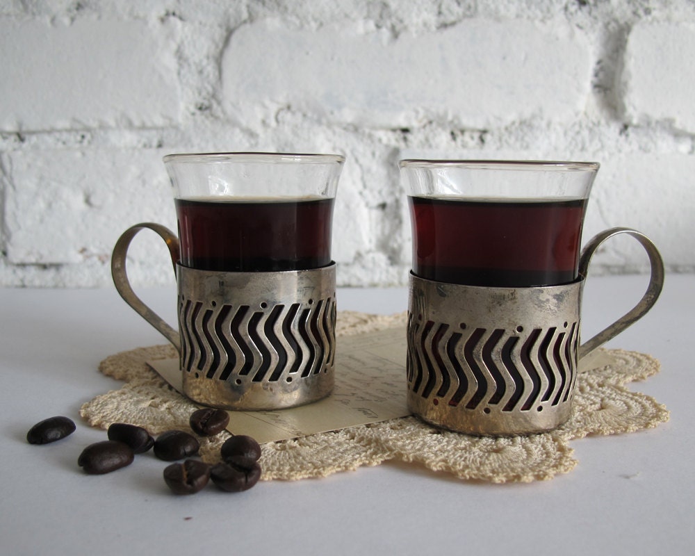 Vintage Espresso Cups Glass and Silverplate Rustic Kitchen