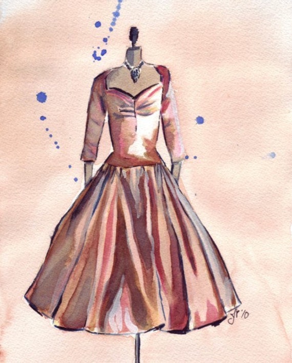Watercolor Painting Bronze Vintage Dress Watercolor Art