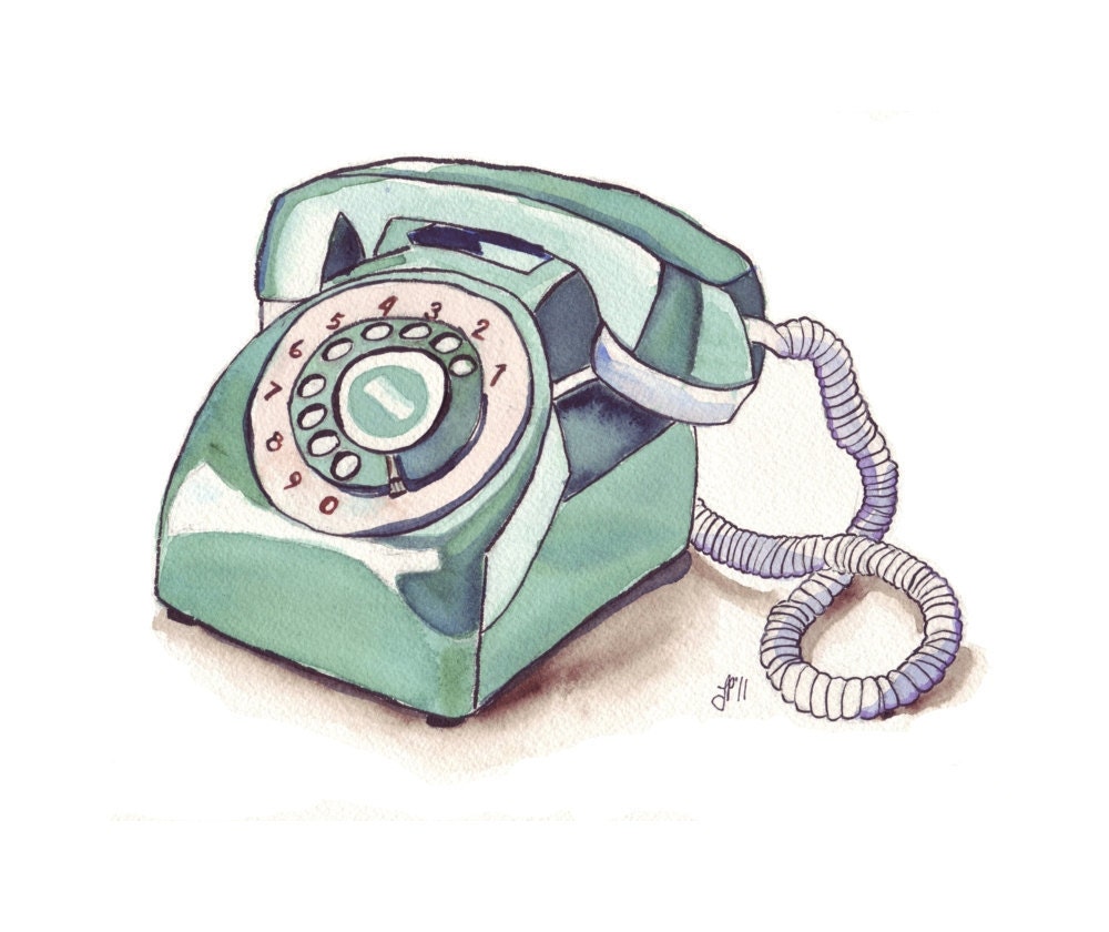 Vintage Phone Illustration Art Watercolor Green by jojolarue
