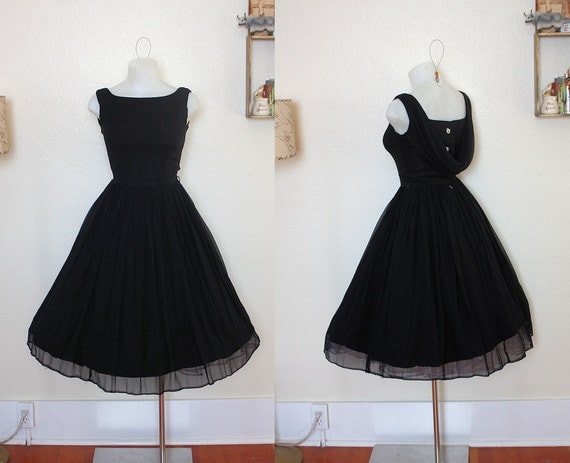 GORGEOUS 1950's Black Silk Chiffon New Look Party Dress w