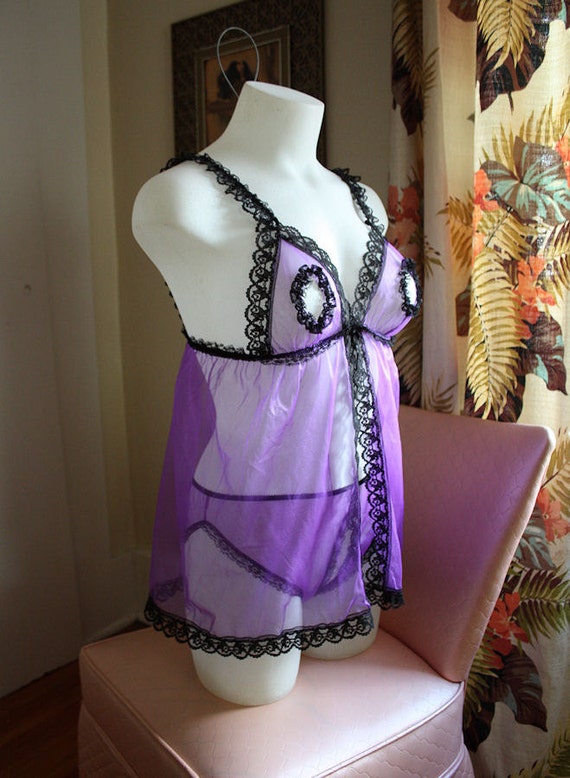 Reserved 1960 S Naughty Purple Sheer Nylon And Black Lace