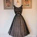 Stunning VANITY FAIR 1950's Black Sheer Nylon Over Nude New Look Night Gown Cocktail Party Dress - Attached Black Satin Belt - Gathered Shelf Bust - Lined Circle Skirt - Lace Midsection and Detailing - Dior - VLV - Princess - Rockabilly - Size S to M