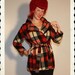 FABULOUS 1960's Vibrant Plaid Wool Hip Length Hourglass Car Coat with Tie Belt - Hidden Pockets - Huge Collar - Lined in Satin - Size M to L