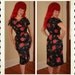 RARE 1950's Designer Black Silk Hourglass Cocktail Dress w/ Huge Red Atomic Roses by I. Magnin - Cut Out Neck - Pockets - Plus Size L to XL