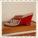 RESERVED 1940's Lipstick Red Leather High Heel Wedge Thong Sandals w Gold Stud Details by Miami Wedgelings Jack Rogers - Pinup - Size 6 to 7