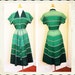 KILLER Early 1950's Rich Green Gradated Chevron Day Dress w/ Huge Winged Collar & Single Hidden Side Pocket - Lucite Buttons - VLV - Size M