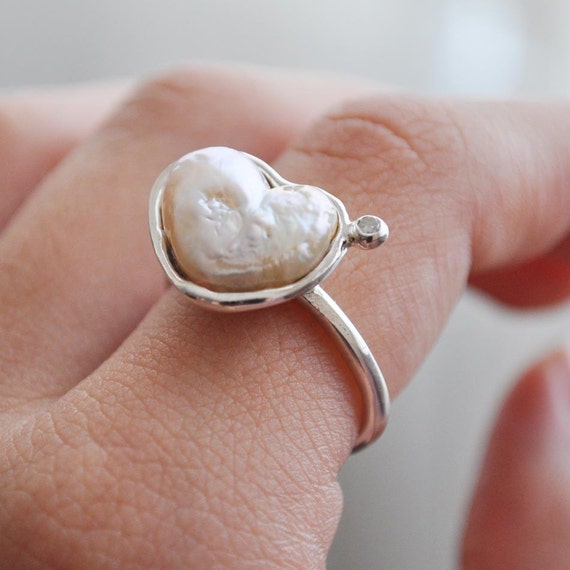 Items similar to pearl heart ring (sterling silver and diamond)(free