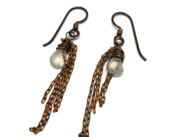 Chain Dangle Earrings Bohemian Jewelry Natural Sage Green Prehnite Stones with Vintage Chain Hypo Allergenic Niobium Ear Wires