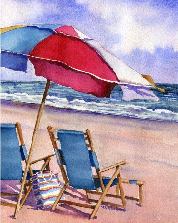 Items similar to Patriotic Beach Umbrellas watercolor painting print