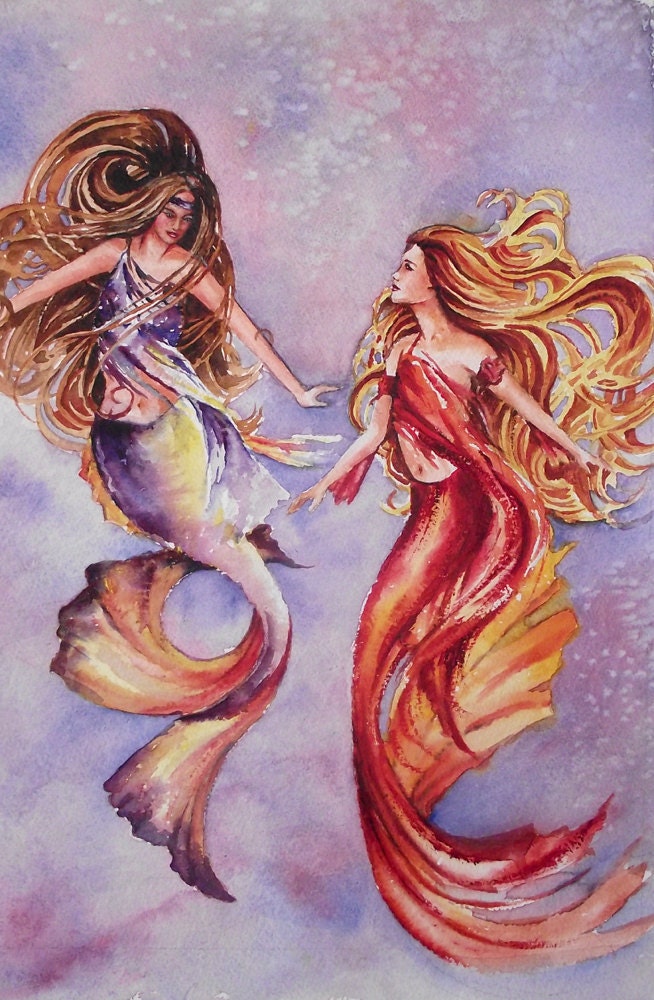 Decorative Mermaids underwater original watercolor by