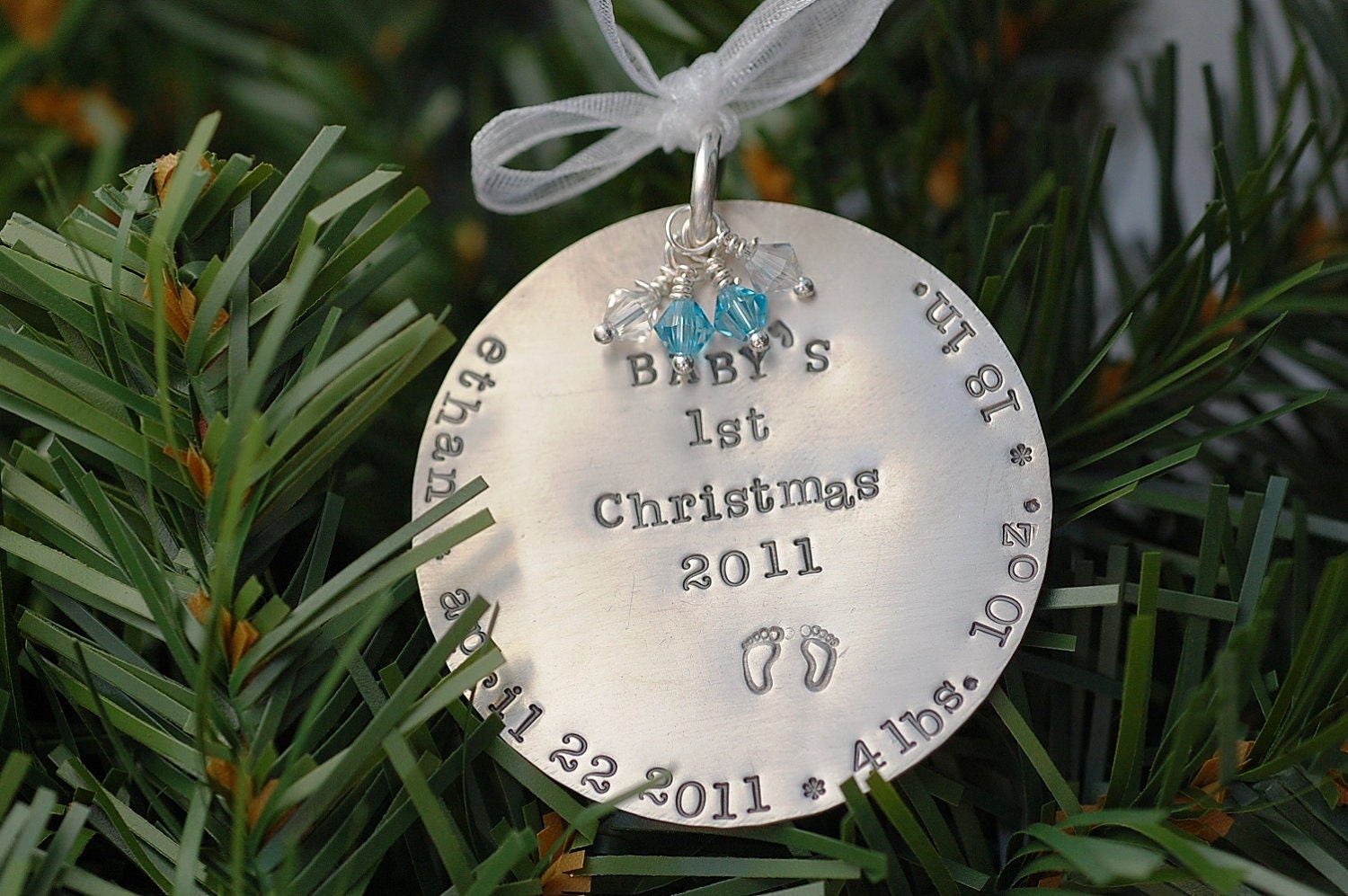 Babys First Christmas Ornament Silver Hand Stamped Child