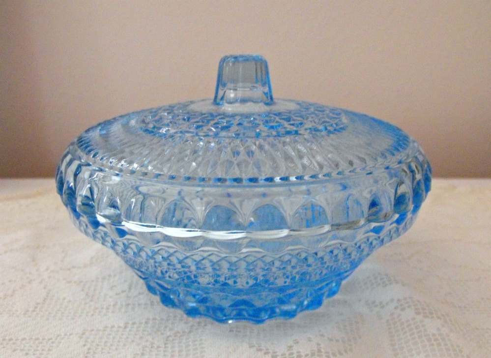 Vintage Light Blue Or Aqua Pressed Glass Covered Candy Dish