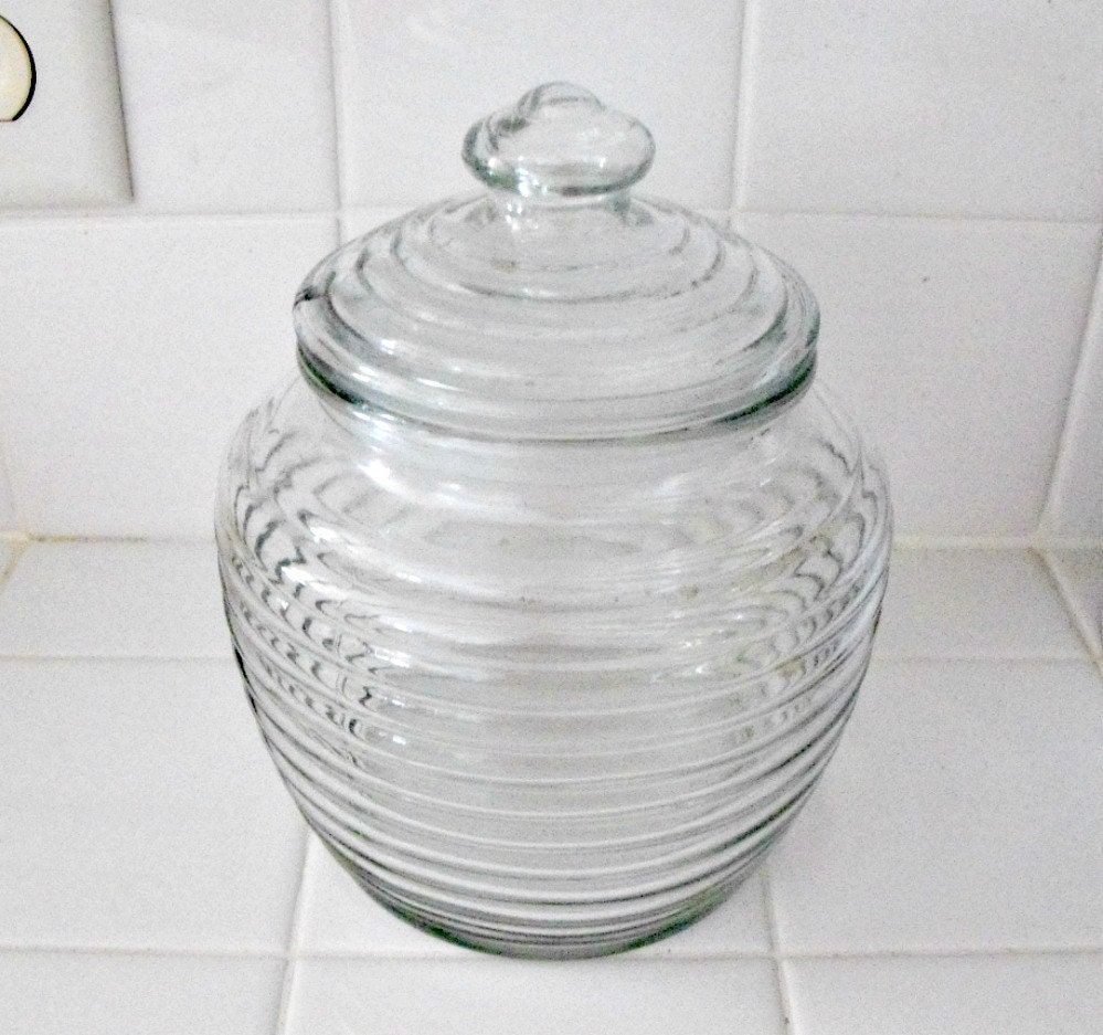 Vintage 1980s Clear Ribbed Glass Cookie Jar Or Canister By