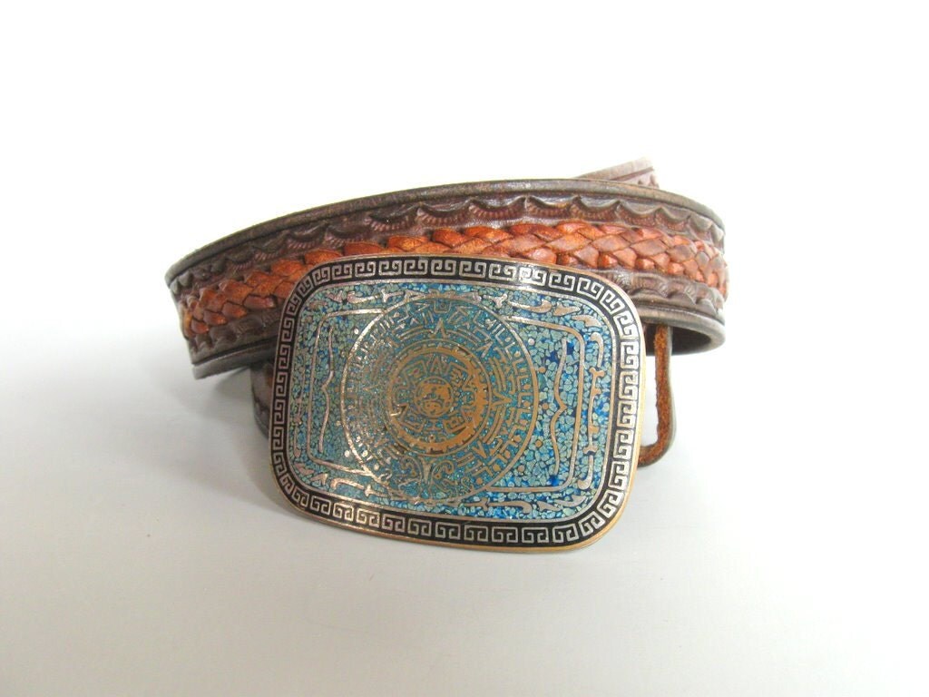 1960s Mens hippie/Western belt worn woven brown leather Taxco