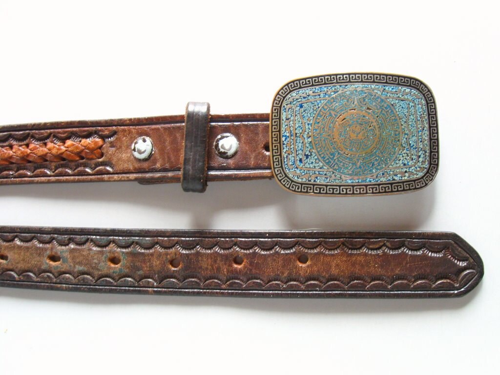1960s Mens hippie/Western belt worn woven brown leather Taxco