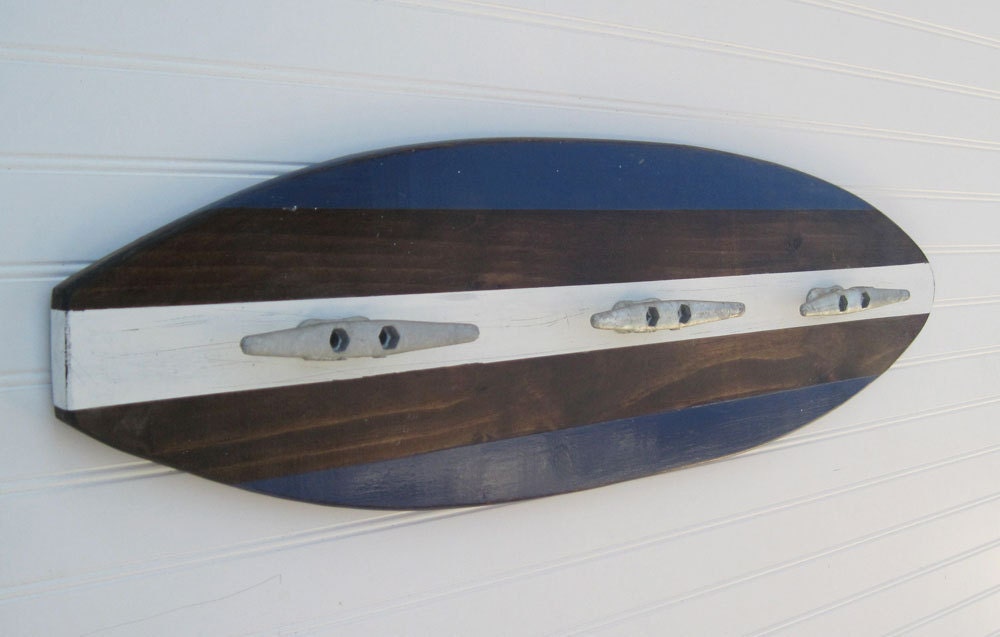 Navy Blue and White Wood Surfboard Coat Rack with Three Boat
