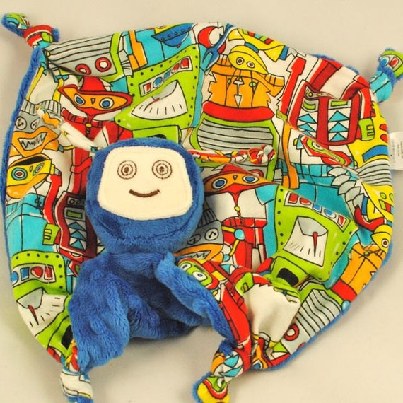 Robot Lovey Blanket Soft Baby Toy Blue Minky Robot Blankie