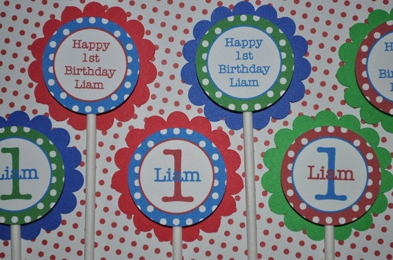 12 Birthday Cupcake Toppers - Red, Blue and Green Polkadots - Personalized - Boys Birthday Party Decorations Il_570xn