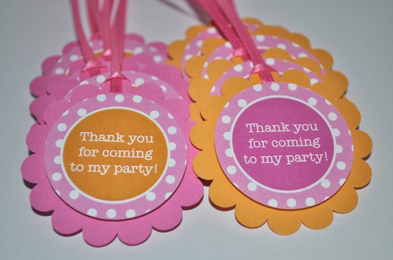Birthday Party Favor Tags - Party Favors - Thank You Tags - Birthday Decorations - Orange, Pink and White Polkadots - Set of 12 Il_570xn
