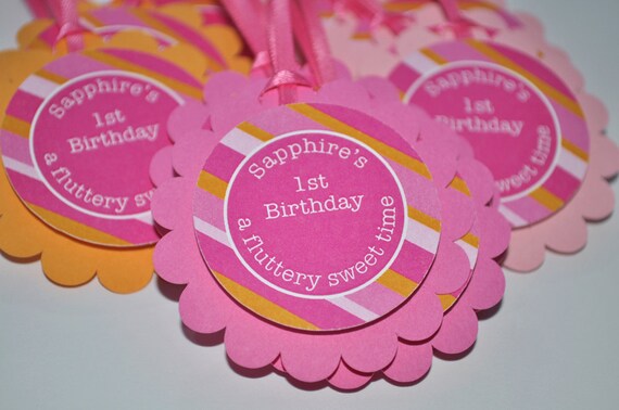 12 Birthday Party Favor Tags - Pink and Orange Stripe Il_570xn