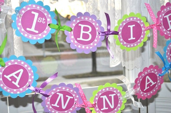 1st Birthday Banner, Girls Birthday Party Decorations, Party Banner, Personalized Birthday Banner - Pink, Teal, Purple, Lime Green Polkadots Il_570xn