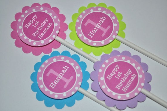 Cupcake Toppers 1st Birthday, Girls Birthday Decorations, Cupcake Picks, Pink, Lime Green, Blue, Purple and White Polkadots - Set of 12 Il_570xn