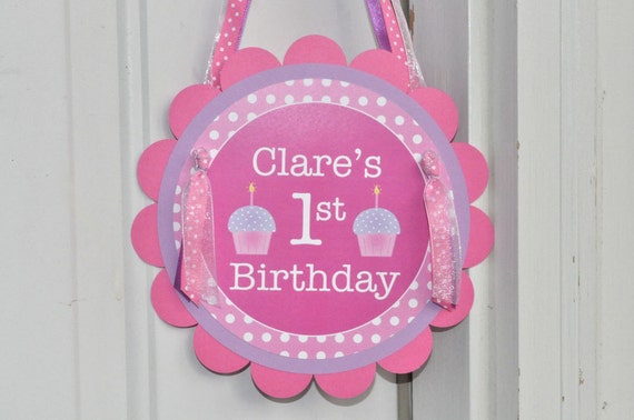 Girls 1st Birthday Party Door Sign, Birthday Sign, Welcome Party Sign, Birthday Decorations - Polkadots Pink - Lavender with Cupcakes Il_570xn