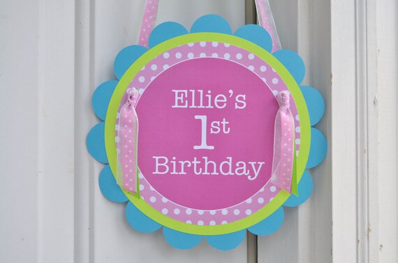 1st Birthday Party Door Sign, Girls Birthday Party Decorations, Welcome Party Sign, Polkadots Pink, Lime Green, Teal and Purple Il_570xn