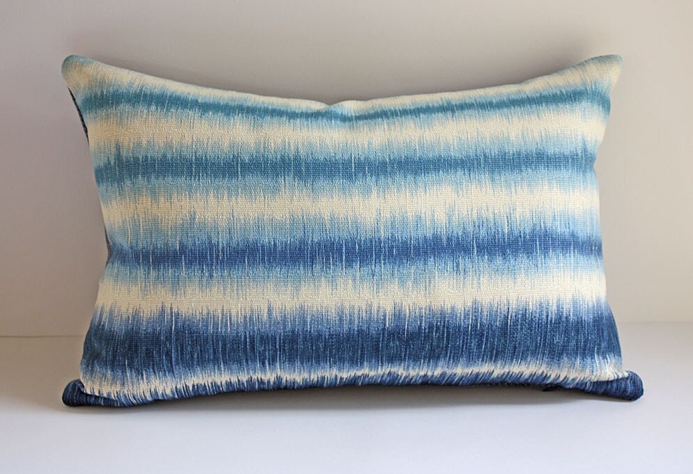Ombre Stripe Ikat Pillow Cover / 12 x18 / Blue & Cream