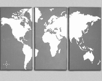 Map Of The World On Canvas World Map Canvas Giclee Triptych - Grey and White