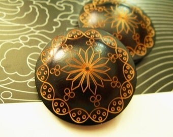 Large Wooden Buttons - Japanese Style Center Bulge Brown Wood buttons with Khaki Floral pattern. 1 inch. 6 in a set