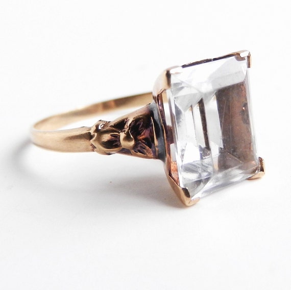 10K Gold Clear Glass Ring Size 7 Art Deco Fine by MaejeanVintage