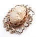 Vintage Cameo Brooch - Gold Tone Carved Shell Filigree Pin / Ornate Beauty