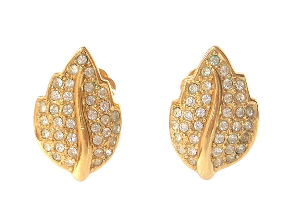 CHRISTIAN DIOR Bijoux Crystal Pave Leaf Design Signed Earrings