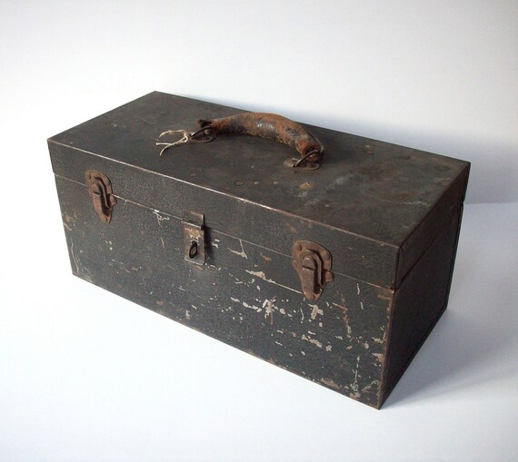 Simple Vintage Black Metal Toolbox with Leather Handle and