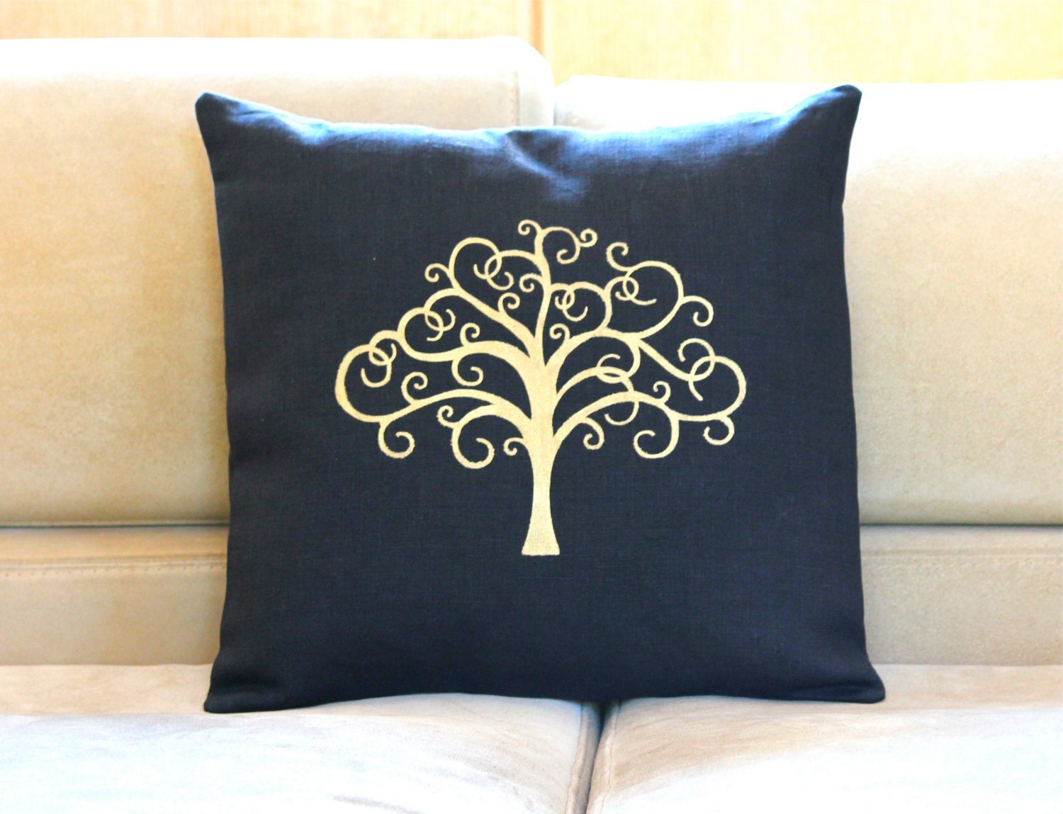 Modern Black Linen Pillow Case Hand Painted Gold by MoniKdesigns