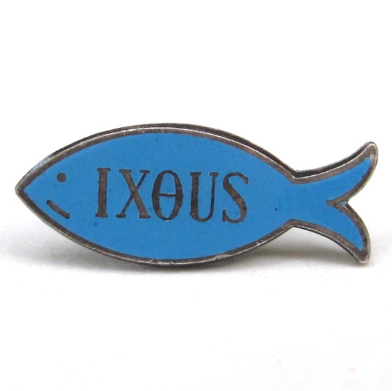 Vintage 50s Sterling Silver Blue Enamel IXOUS Christian Fish